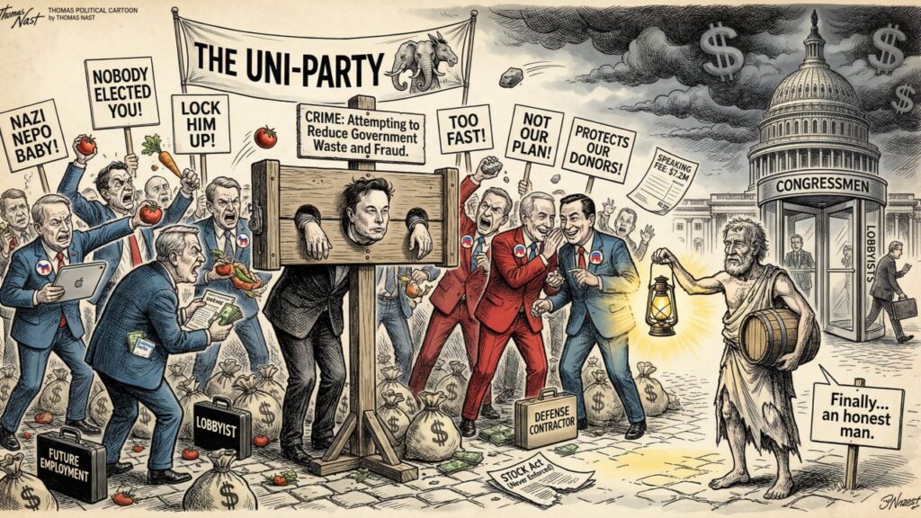 Cover illustration for the article Diogenes Found His Honest Man, Elon Musk, And the Uni-Party Promptly Destroyed Him