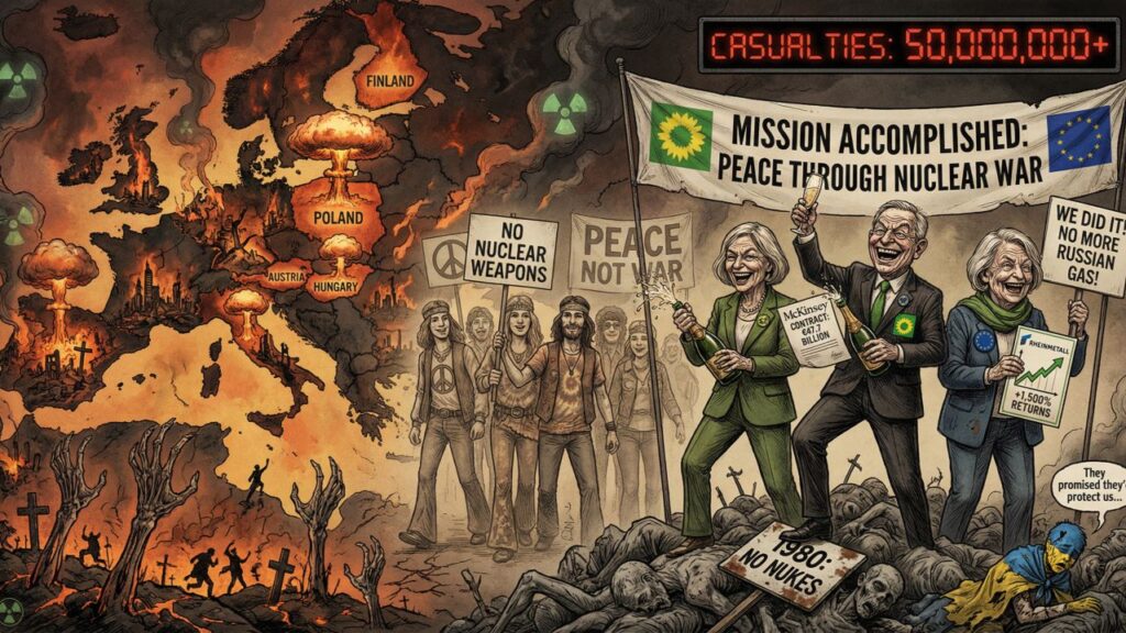 Cover illustration for the article From Peace Marchers to War Profiteers: How Europe's Left-Green Establishment Betrayed Everything It Claimed to Stand For, And Why Five Countries Refuse