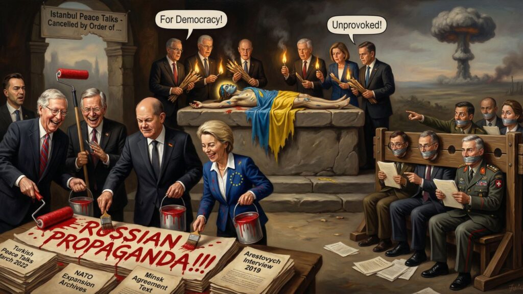Cover illustration for the article Putin, Trump, and the EU's War: How the West Framed Putin and Sacrificed Ukraine