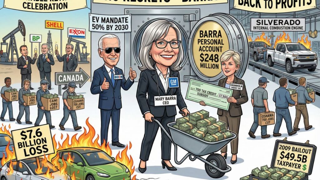 Cover illustration for the article GM's EV Escapade: How Mary Barra Followed Big Oil's Playbook and Incinerated $7.6 Billion