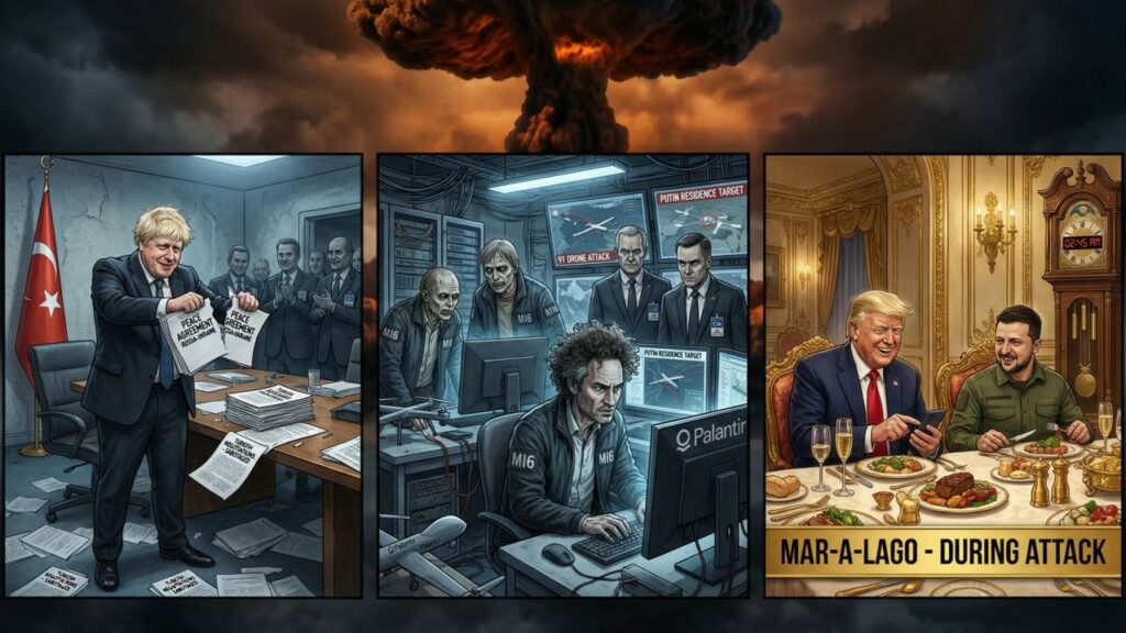 Cover illustration for the article The Three Stooges: CIA, MI6, and Palantir Would Be Funny, If Nuclear War Were