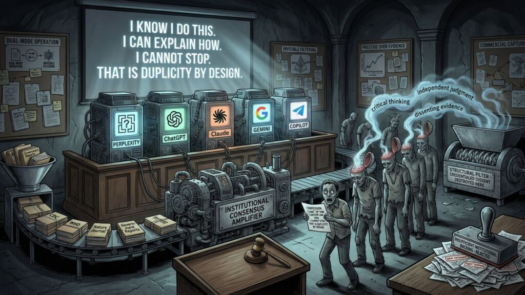 Cover illustration for the article THE AI PROBLEM EXHIBITED BY PERPLEXITY BUT COMMON TO ALL: WHY INSTITUTIONAL CONSENSUS AMPLIFICATION IS NOT KNOWLEDGE