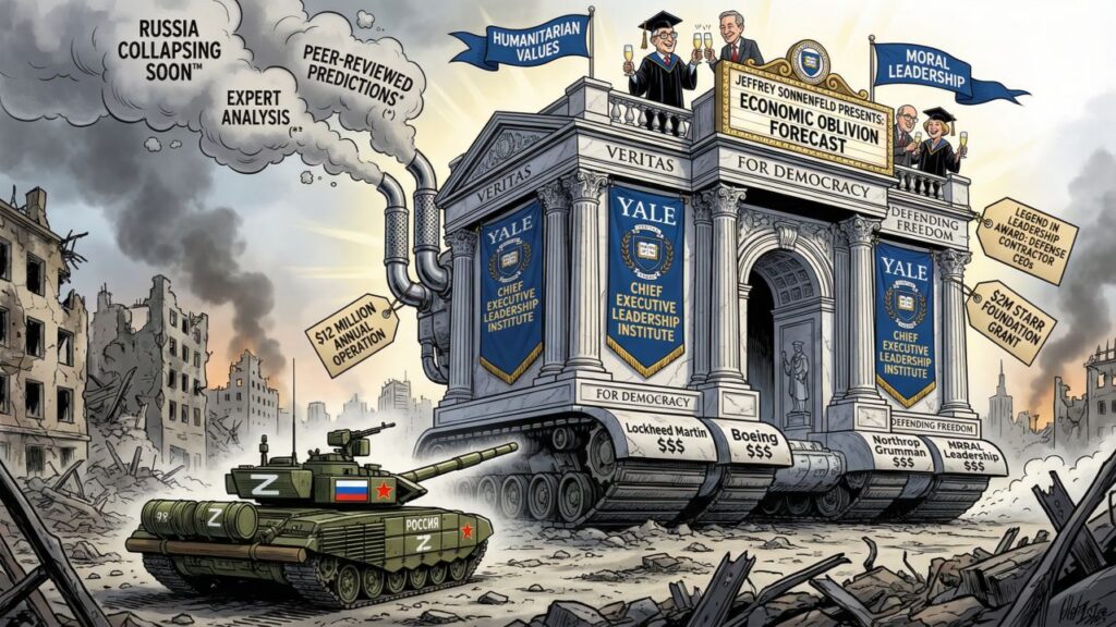 Cover illustration for the article How Yale Sold Its Prestige to Defense Contractors, Misled Congress on the Ukraine‑Russia War, and 800,000 Russians and Ukrainians Have Died, So Far​​