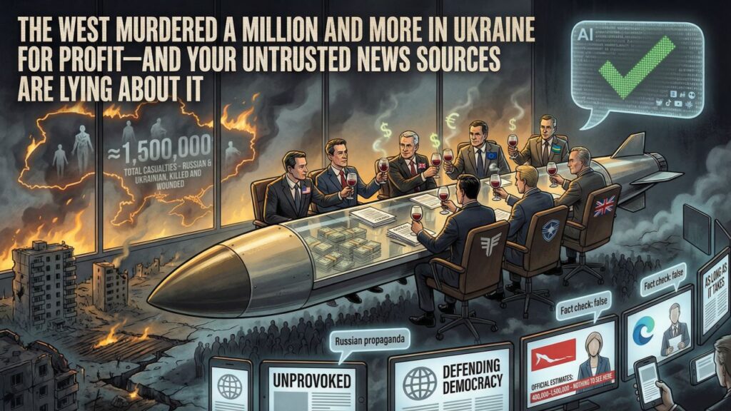 Cover illustration for the article THE WEST ENGINEERED 1.5 MILLION CASUALTIES IN UKRAINE FOR PROFIT, AND YOUR TRUSTED NEWS SOURCES ARE LYING ABOUT IT