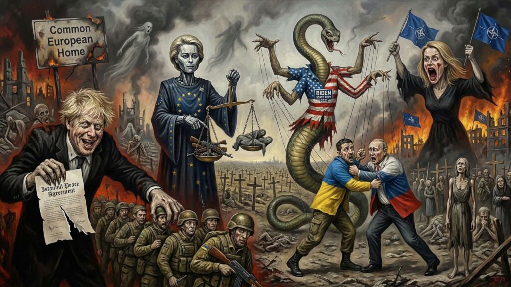 Cover illustration for the article The Atlanticists' Russian-Hate Cult: Ten Truths About How the West Turned Ukraine Into a Graveyard to Weaken Russia