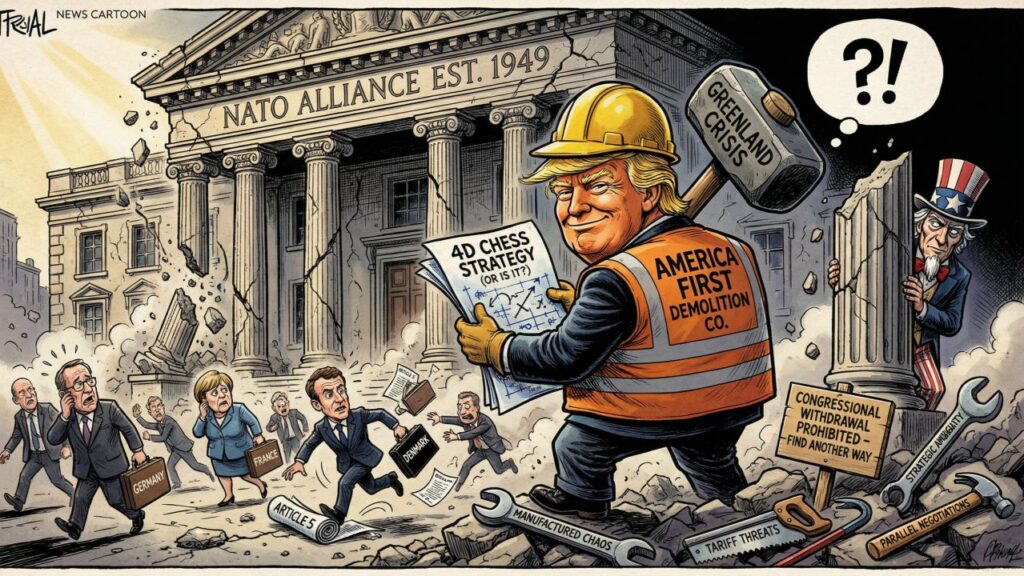 Cover illustration for the article Strategic Chaos or Chaotic Strategy? Analyzing Trump's Approach to NATO Restructuring Through the Greenland Crisis