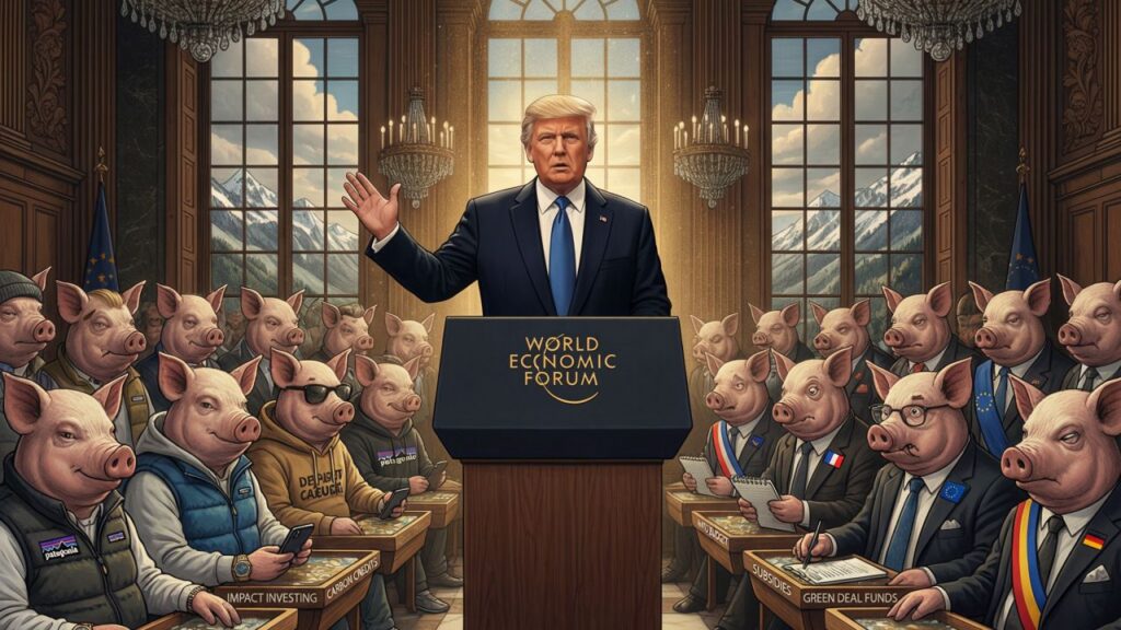 Cover illustration for the article A Tale of Two Donalds: What He Said at Davos and What The Press Said He Said