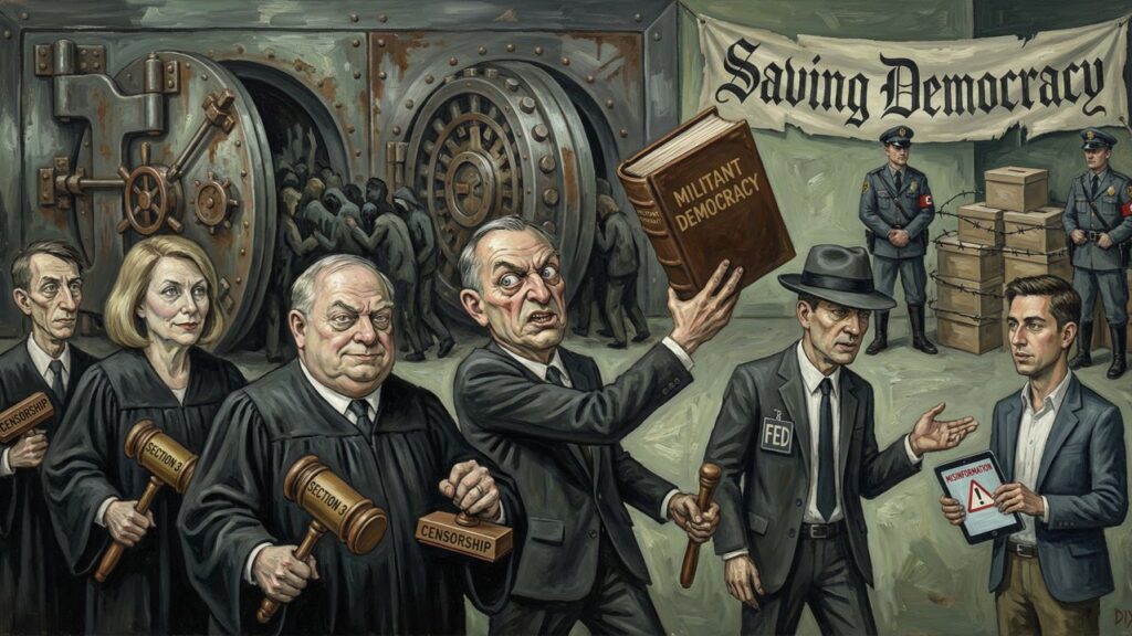 Cover illustration for the article AMERICA'S MILITANT DEMOCRACY: HOW THE ANTI-TRUMP ESTABLISHMENT BECAME THE WEIMAR THREAT