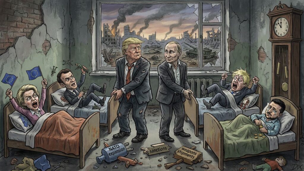 Cover illustration for the article THE ADULTS IN THE ROOM: HOW TRUMP AND PUTIN CONSPIRE FOR PEACE WHILE THE CHILDREN THROW TANTRUMS