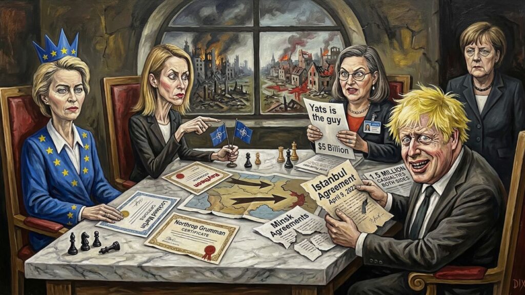 Cover illustration for the article The Provocateurs Who Now Obstruct Peace: How the Architects of War Position Themselves Against Its Resolution
