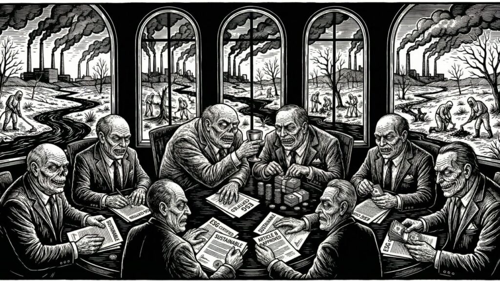 Cover illustration for the article OFFSHORING THE APOCALYPSE: PART 4, THE ESG PROFIT MACHINE