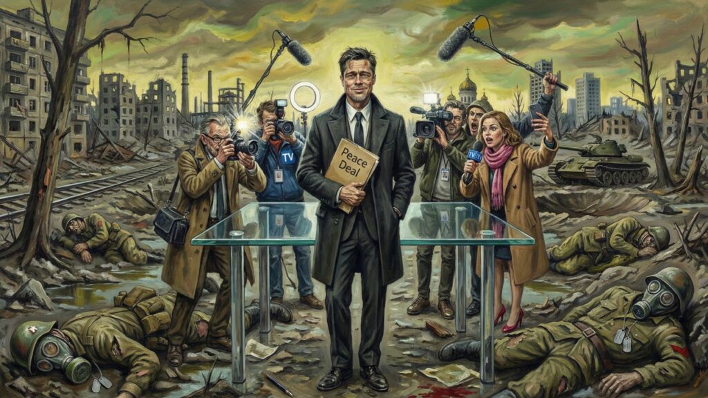 Cover illustration for the article If Brad Pitt Were Harald Kujat, Ukraine Would Have Peace, Where's the Press?