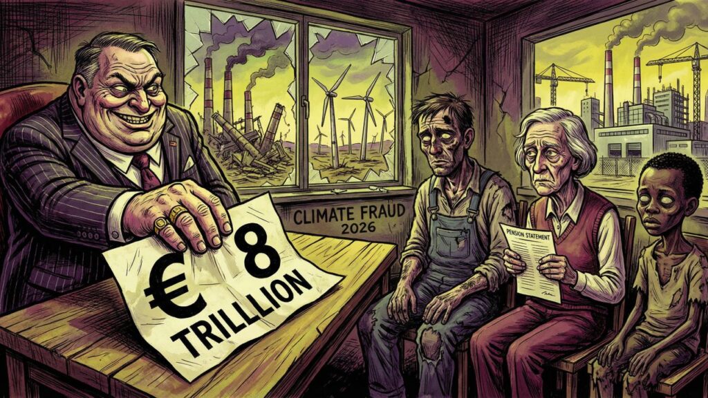 Cover illustration for the article THE BILL HAS ARRIVED: HOW €8 TRILLION IN EU GREEN POLICY AND $91 BILLION IN U.S. PENSION LOSSES ENRICHED THE CONSULTANTS WHO DESIGNED THE CATASTROPHE