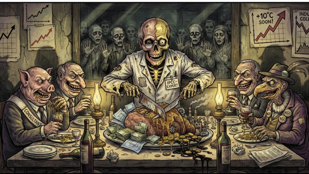 Cover illustration for the article The Climate Hoax, Europe's Industrial Base Was Dismantled Before the World's Eyes, While the Press Said Nothing