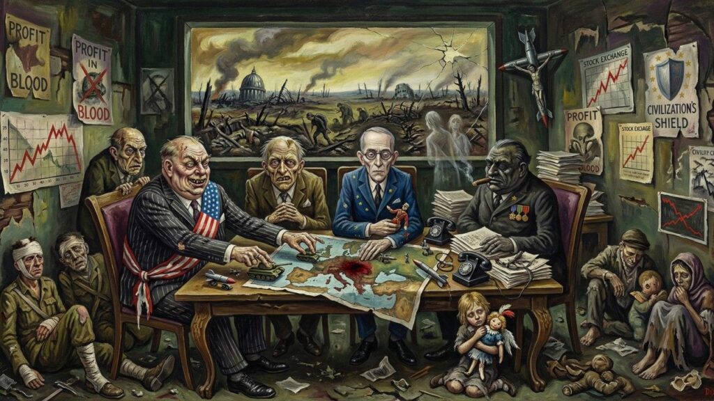 Cover illustration for the article Who Pays, Who Plays: The Ukraine War as a Western Project