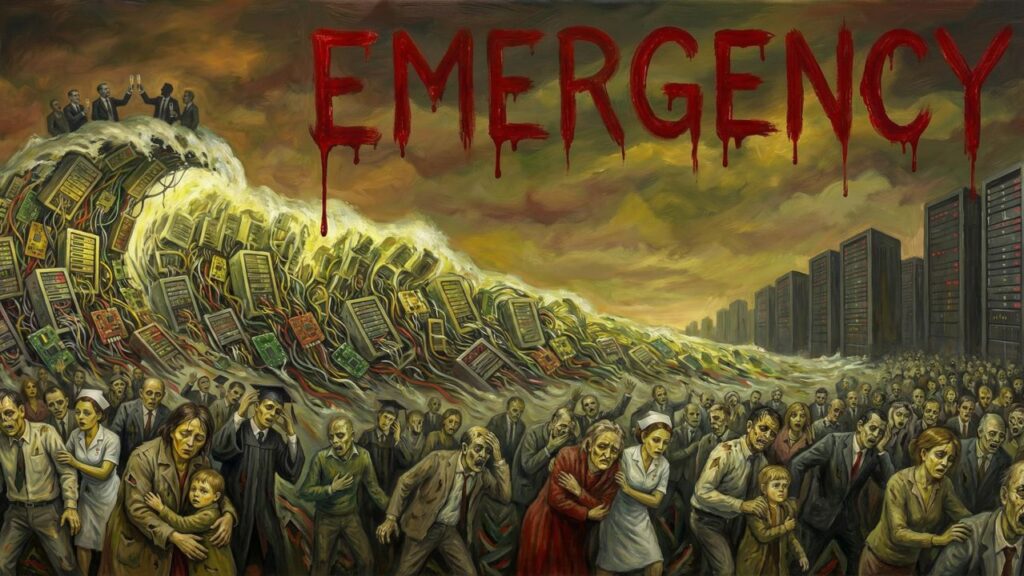 Cover illustration for the article E-M-E-R-G-E-N-C-Y: The AI Data-Center Boom, the Jobs It Will Destroy, and the Question Nobody Is Asking