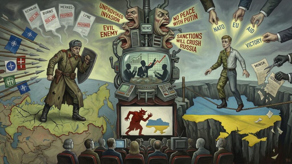Cover illustration for the article Manufacturing War: How the West Built and Sold the Russia-Ukraine War