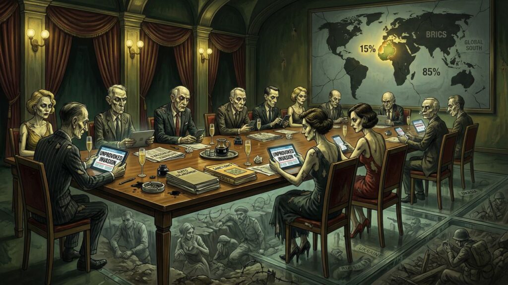 Cover illustration for the article Behind the Headlines: Jeffrey Sachs and Glenn Diesen on the System That Built the Ukraine War