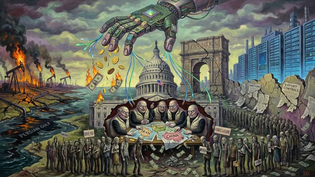 Cover illustration for the article How the Tech Billionaires’ Cold War on China and Iran Is Consuming the American Empire