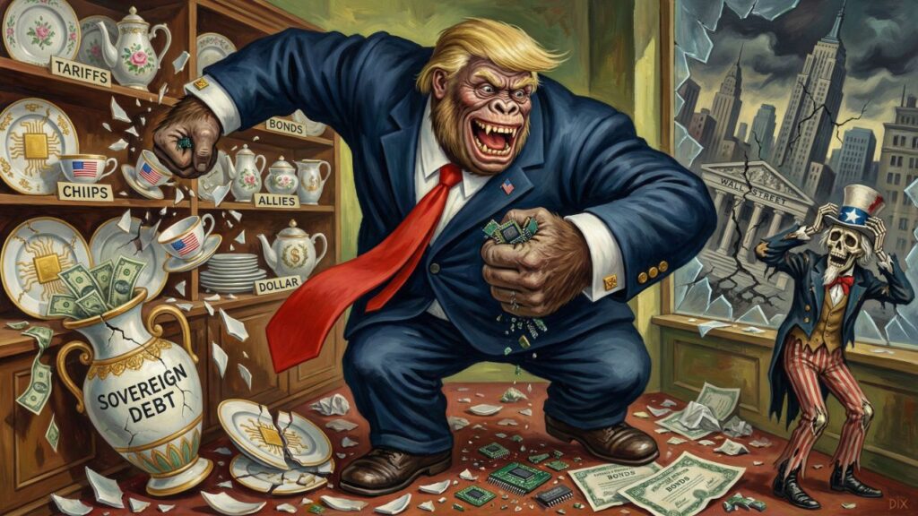 Cover illustration for the article Tariffs, Chips, and the Sovereign Debt Time Bomb: How America Is Engineering Its Own Decline