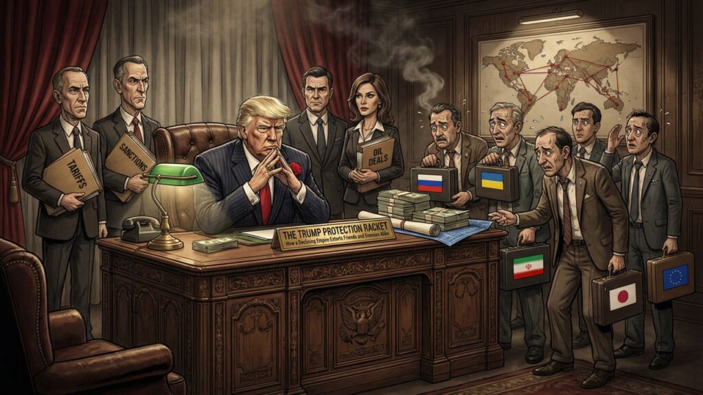 Cover illustration for the article The Trump Protection Racket: How a Declining US Empire Extorts Friends and Enemies Alike