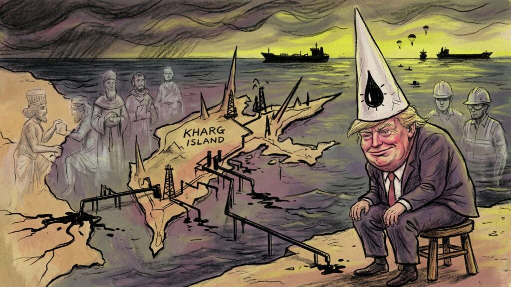 Cover illustration for the article The Last Pretense: Kharg Island and the Architecture of Trump's Imperial Theft