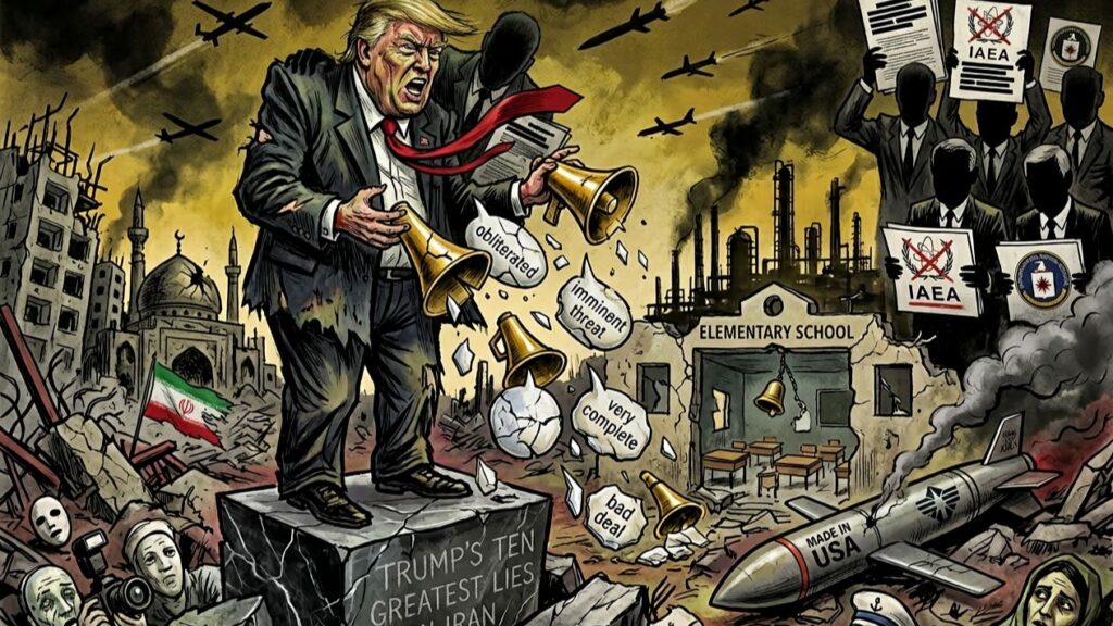 Cover illustration for the article Trump's Ten Greatest Lies on Iran