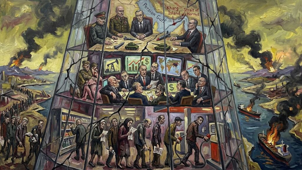 Cover illustration for the article The Glasshouse Empire War, Debt, and the Petrodollar’s Last Stand