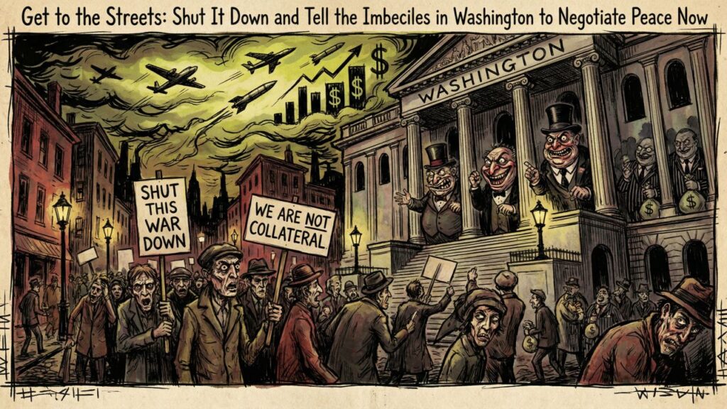 Cover illustration for the article Get to the Streets: Shut the Iran War Down and Tell Trump and the Uniparty Imbeciles We Elected in Washington to Negotiate Peace Now
