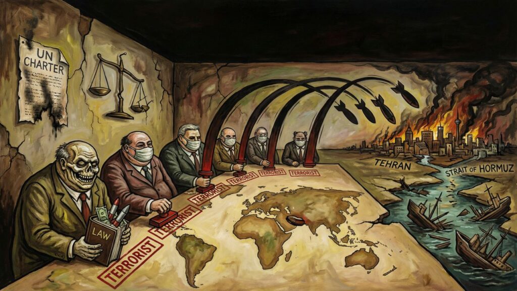 Cover illustration for the article How to Legalize a War: Just Label Them A "Terrorist Organization"