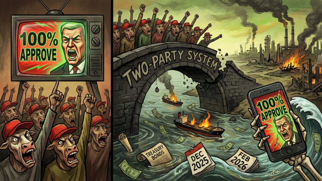 Cover illustration for the article A Propaganda Graphic, a LinkedIn Post, and the Two-Party Death Spiral