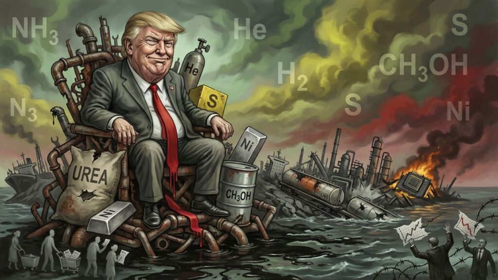 Cover illustration for the article The Molecules of War: How Washington's Persian Gulf Gamble Is Coming for Your Grocery Bill, Your Smartphone, and Your Economy