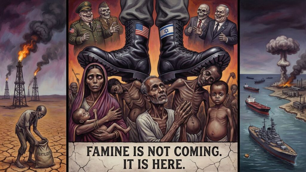 Cover illustration for the article FAMINE IS NOT COMING. IT IS HERE. THIS IS NOT A FOOD CRISIS. IT IS A WAR CRIME WITH A HARVEST DATE.
