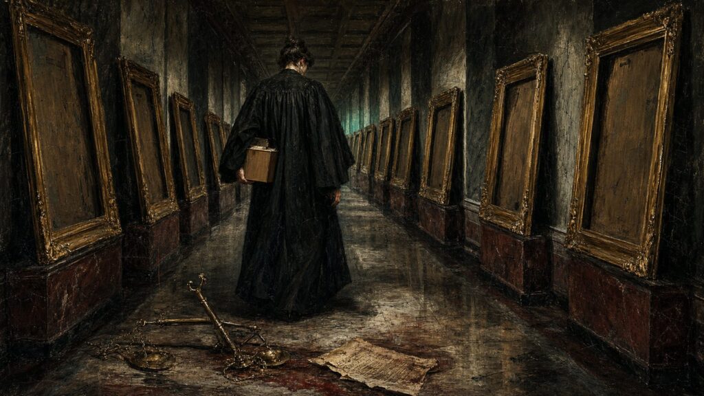 Otto Dix style painting of a robed lawyer walking away down a marble corridor past broken scales of justice