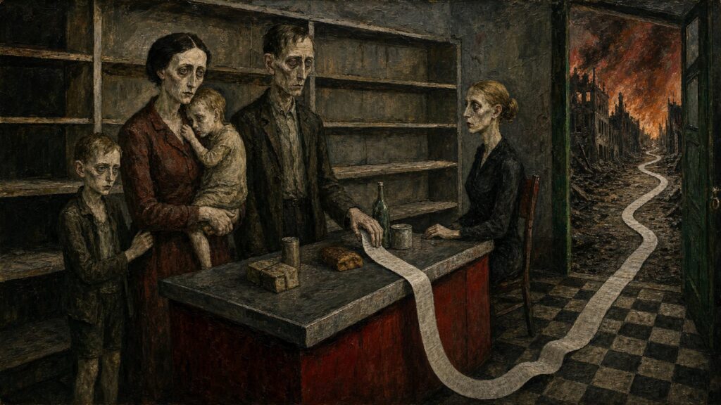 Otto Dix style painting of a family at a bare grocery counter with a receipt unspooling into a burning street