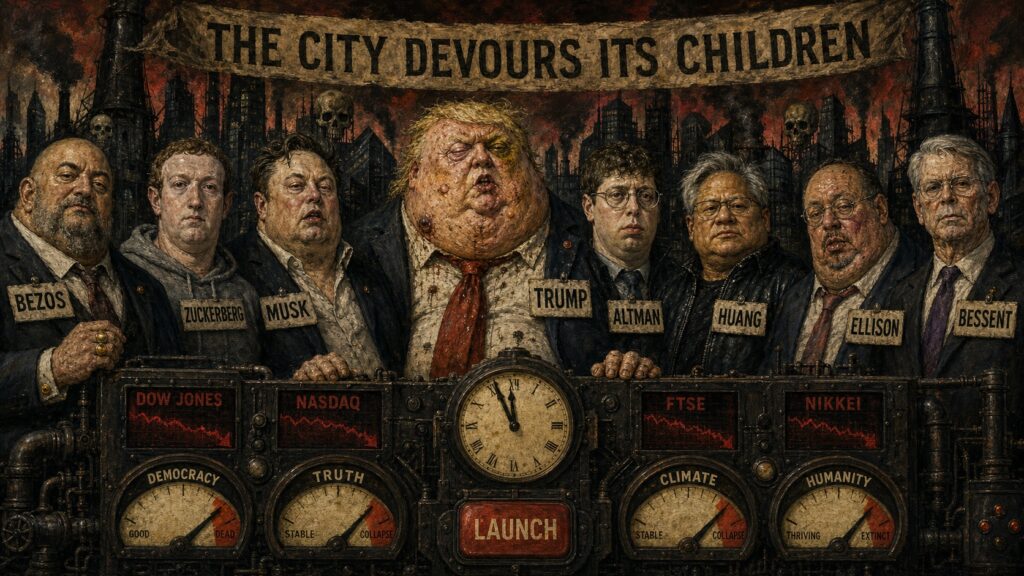 Otto Dix-style group portrait of the coalition named in the article: Bezos, Zuckerberg, Musk, Trump, Altman, Huang, Ellison, and Bessent, standing in a lineup with placards, over a control panel with the Dow, Nasdaq, FTSE, and Nikkei tickers falling, gauges reading Democracy Dead, Truth Collapse, Climate Collapse, and Humanity Extinct, a doomsday clock at three minutes to midnight, and a red LAUNCH button, under a banner reading The City Devours Its Children