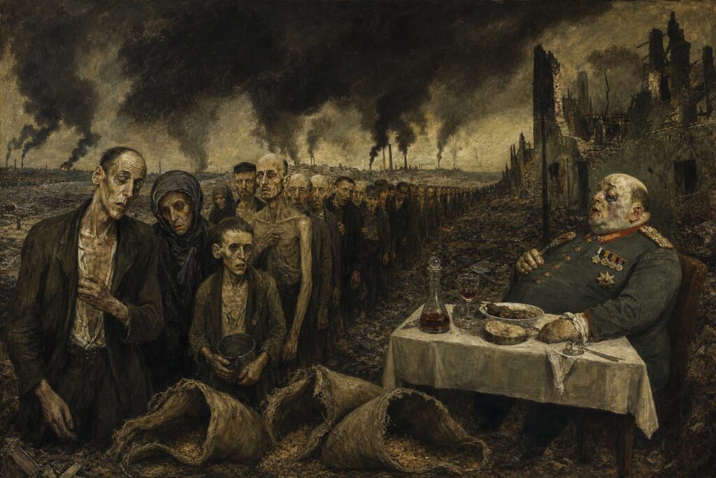 Otto Dix style painting of a breadline stretching to the horizon under burning oil smoke while a decorated general dines alone
