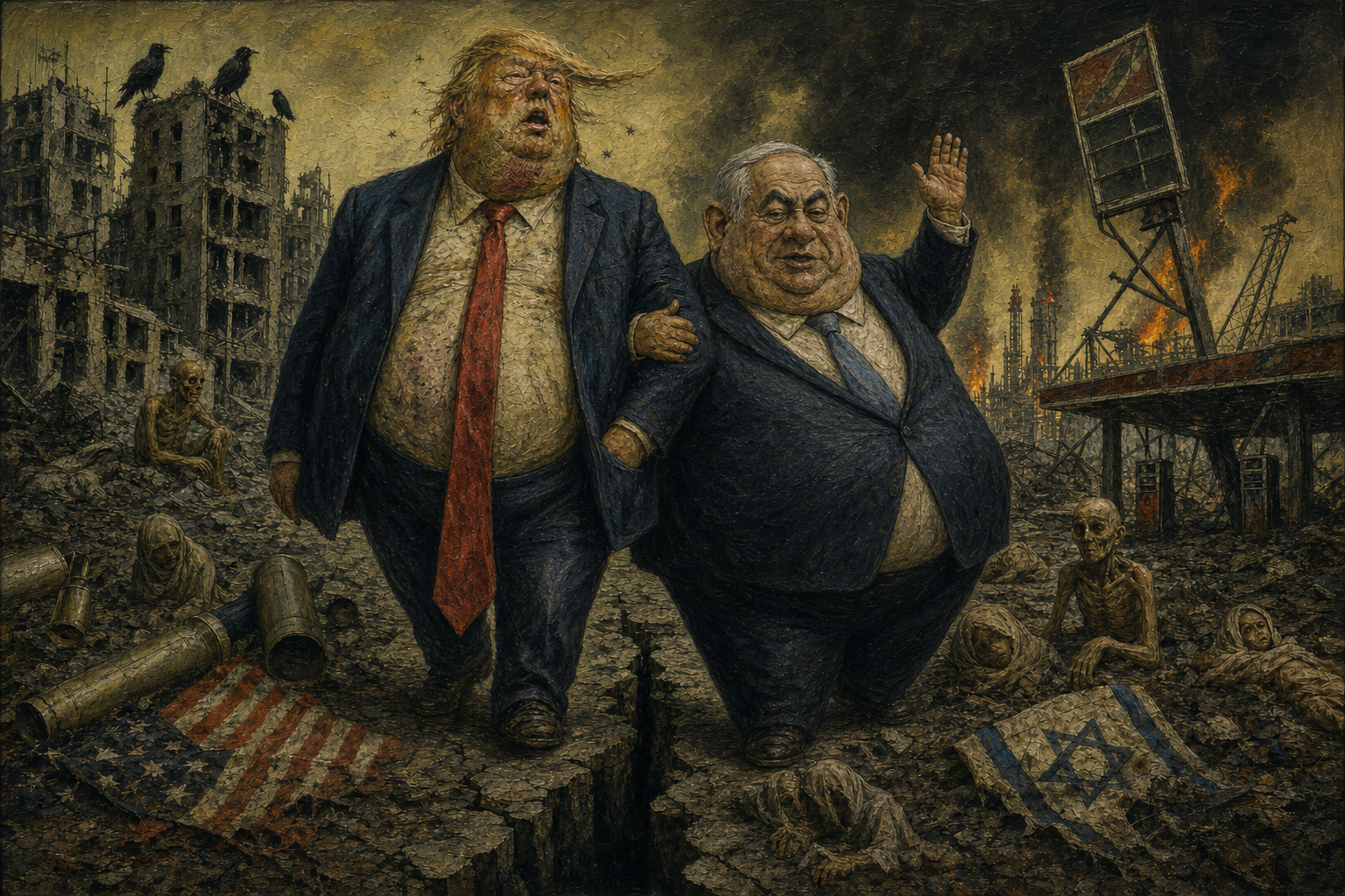 Satirical oil painting in the style of Otto Dix showing two obese, decaying Western politicians strolling arm in arm through a bombed city, past skeletal figures, burning refineries, spent missile casings and trampled United States and Israeli flags.
