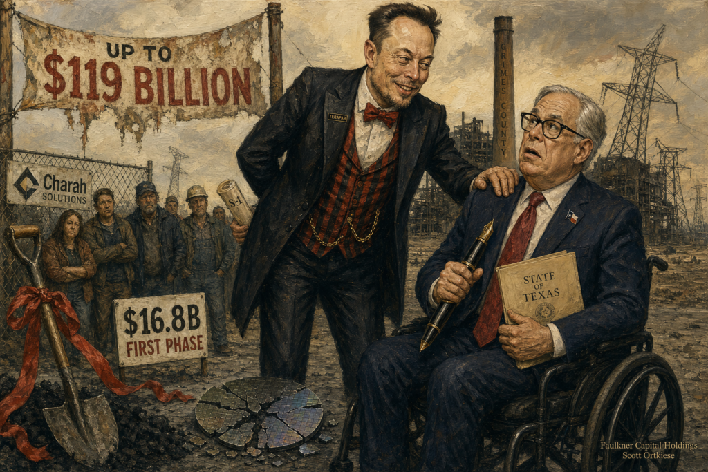 Otto Dix style painting of Elon Musk as a Weimar-era carnival con man in a striped waistcoat with a TERAFAB pin and a rolled S-1 hidden behind his back, palming the shoulder of Texas Governor Greg Abbott, who sits in a wheelchair holding a STATE OF TEXAS folder and a ceremonial pen, looking up in bewildered confusion. Peeling UP TO $119 BILLION banner behind them, a planted $16.8B FIRST PHASE sign at their feet, a shattered silicon wafer on the coal ash, gaunt Grimes County residents watching from behind a Charah Solutions fence, a decommissioned coal plant with transmission towers in the background.