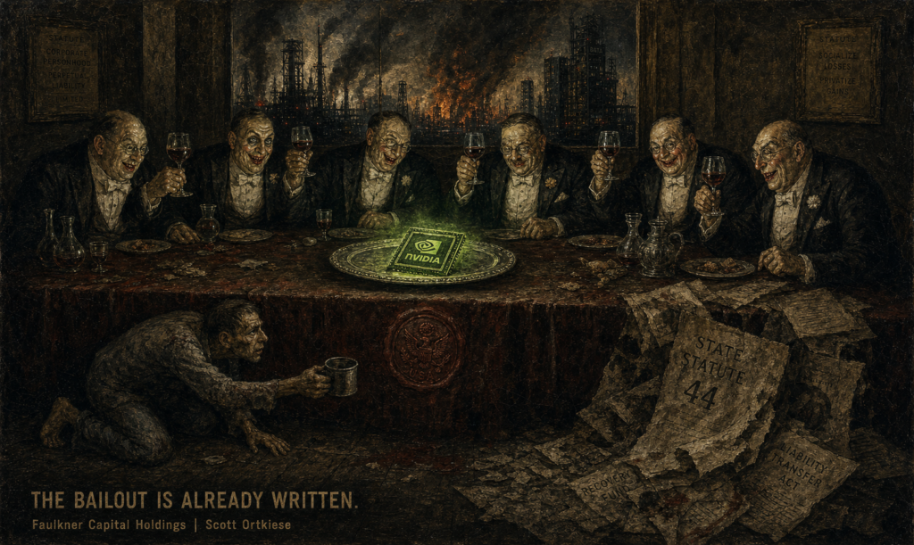 Otto Dix style dystopian oil painting. Six frock-coated financiers toast over a glowing Nvidia chip on a silver platter. The US seal is pressed into the tablecloth. A worker in patched clothes crawls beneath the table holding a tin cup. State Statute 44 documents cascade off the right edge. A burning data-center skyline smokes behind them. A placard reads: Statute, Socialize Losses, Privatize Gains.