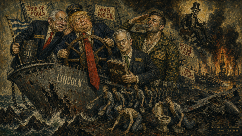 Weimar-style satirical painting: Trump in a CAPTAIN cap and long red tie spins the wheel of the USS LINCOLN aground on the rocks. Netanyahu, name-plated, whispers in his ear cradling an OIL barrel and a blue-white pennant. Bessent, name-plated, in rimless glasses clutches a ledger stamped TREASURY. Hegseth, name-plated, in camouflage toasts drunk with a flask. Below, emaciated sailors stumble across the tilted deck with empty mess trays and a broken toilet. Above, a top-hatted skeleton of war-profit flies with a briefcase of cash over burning oil derricks and a sinking tanker labeled CRUDE. Banners read SHIP OF FOOLS, WAR FOR OIL, NO FOOD FOR THE FLEET, RUN AGROUND.