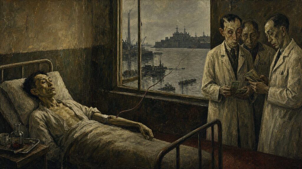 Otto Dix style painting of a patient whose intravenous line runs out the window to a distant naval base
