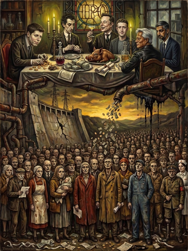 Oil painting in the style of Otto Dix showing six recognizable American AI and hyperscaler principals seated at a banquet under a stained glass window etched with the letters IPO. From left to right: Sam Altman counting gold coins, Dario Amodei behind the wine decanter, Elon Musk toasting with a champagne coupe, Mark Zuckerberg in a gray shirt and dark jacket, Jensen Huang in his signature black leather jacket, and Sundar Pichai at the right end. Below them a cracked hydroelectric dam, industrial pipes bleeding black tar, and an enormous crowd of ordinary Americans, painted in the manner of Dix's war triptych.