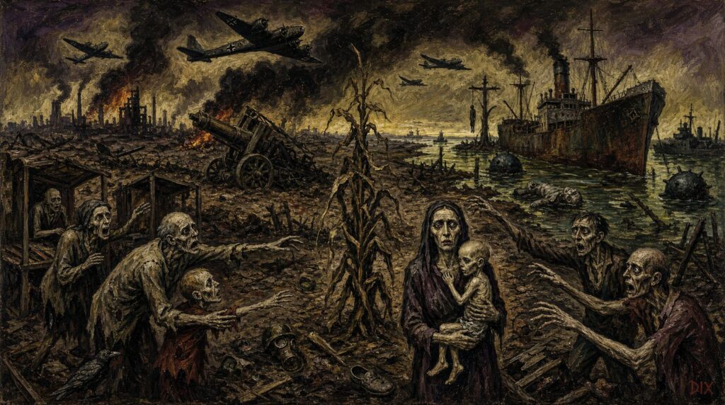 Dark brown expressionist scene of emaciated mourners and workers among trenches, wrecked machinery, bodies and smoking ruins