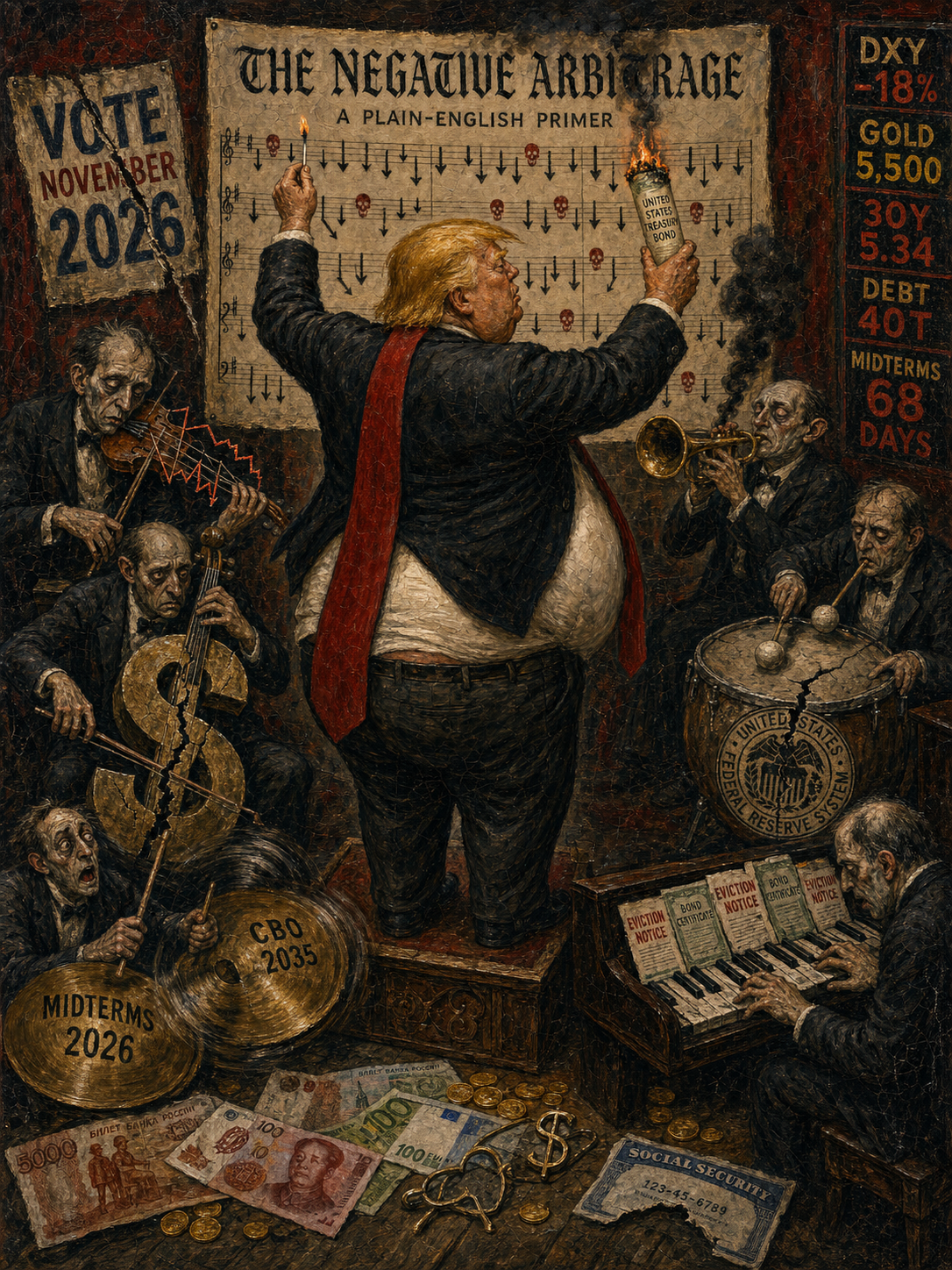 Otto Dix influenced editorial painting for the primer Bonds Explained, showing Donald Trump as a conductor waving a baton over a distorted score of yield curves and Treasury auction results, with the American bond market rendered as a decaying orchestra.