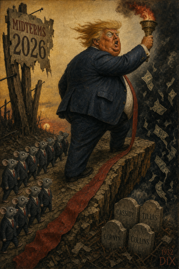 Otto Dix style allegorical oil painting of a corpulent Donald Trump caricature in a navy suit and long crimson tie holding a burning torch, leading a column of gray suited mice toward the edge of a cliff, with a torn Midterms 2026 poster on a broken fencepost and tombstones for Cassidy, Tillis, Cornyn, and Collins in the foreground.