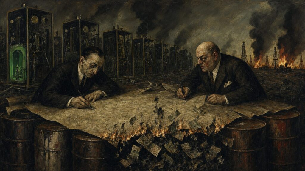 Otto Dix style painting of two men signing a burning parchment on a table of oil drums as banknotes turn to ash