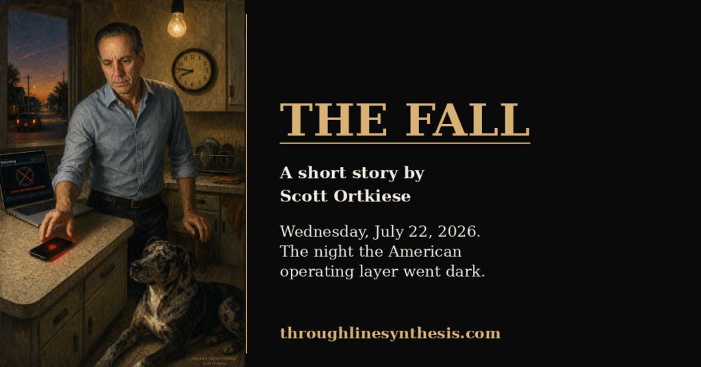 Landscape cover card for The Fall. Otto Dix style oil painting of Scott Ortkiese at a Houston kitchen counter at 8:47 in the evening, his dog Roux beside him on the tile floor, a phone glowing red beneath its glass, and a Bloomberg terminal showing a crossed out clock icon and the phrase market data feed unavailable. Title THE FALL in gold serif, byline, date, and the domain throughlinesynthesis.com on a black panel to the right.