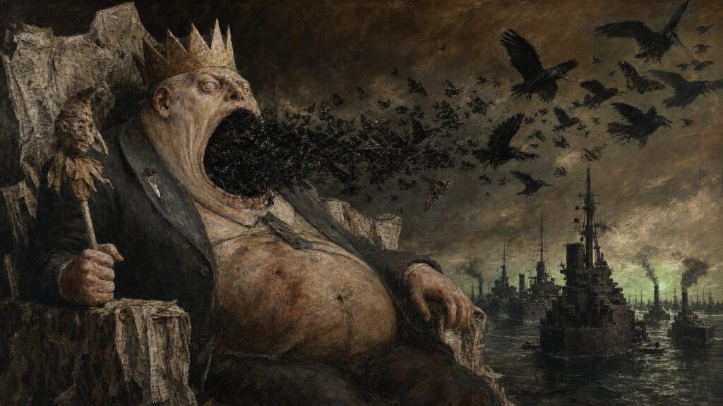 Otto Dix style painting of a crowned demagogue on a throne of shredded newspapers with crows pouring from his mouth