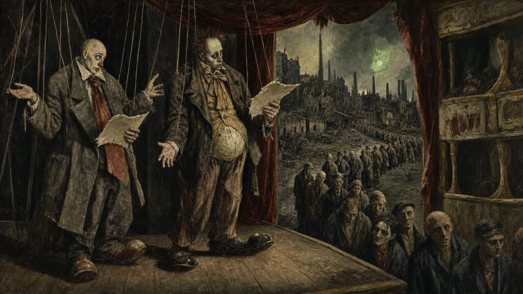 Otto Dix style painting of two marionette politicians reading scripts on stage above a breadline in a ruined city